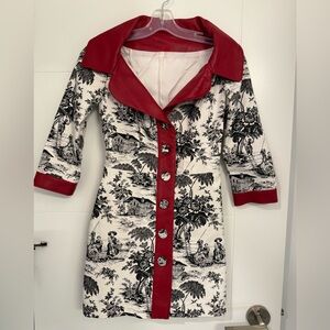 Chic Couture Style Red Leather Accented and Black Toile Print Coat Size XS
